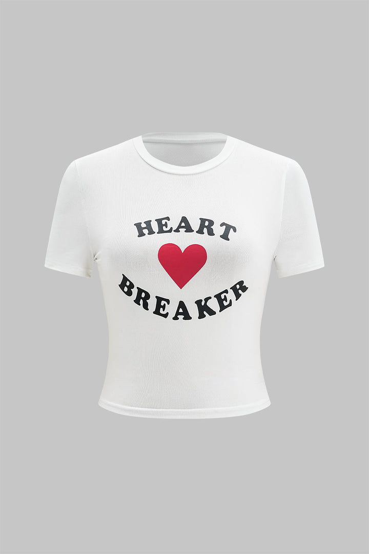 Heart Letter Print Round Neck Short Sleeve T-Shirt