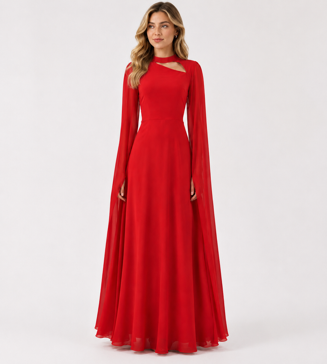 Elegant Red Chiffon Maxi Evening Dress - Glamour
