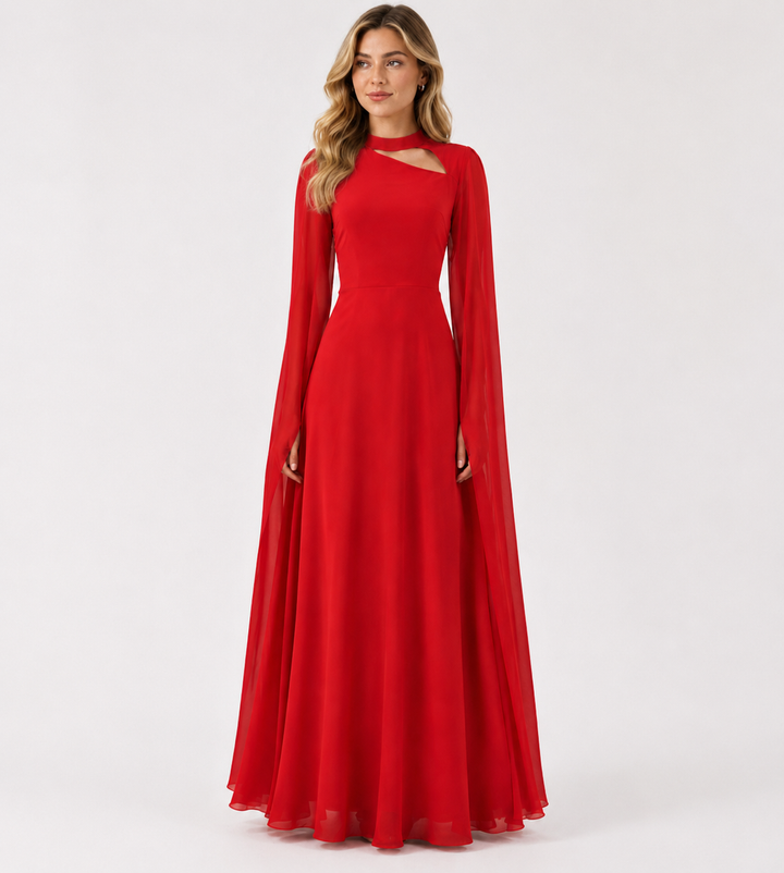 Elegant Red Chiffon Maxi Evening Dress - Glamour