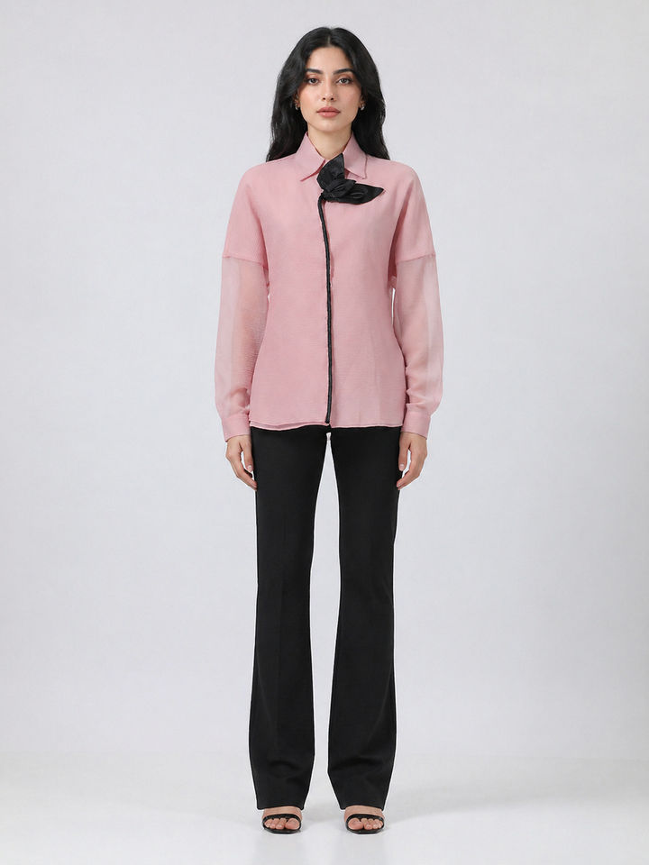 Blush Pink Textured Shirt with Contrast Bow Tie – ELVIRA