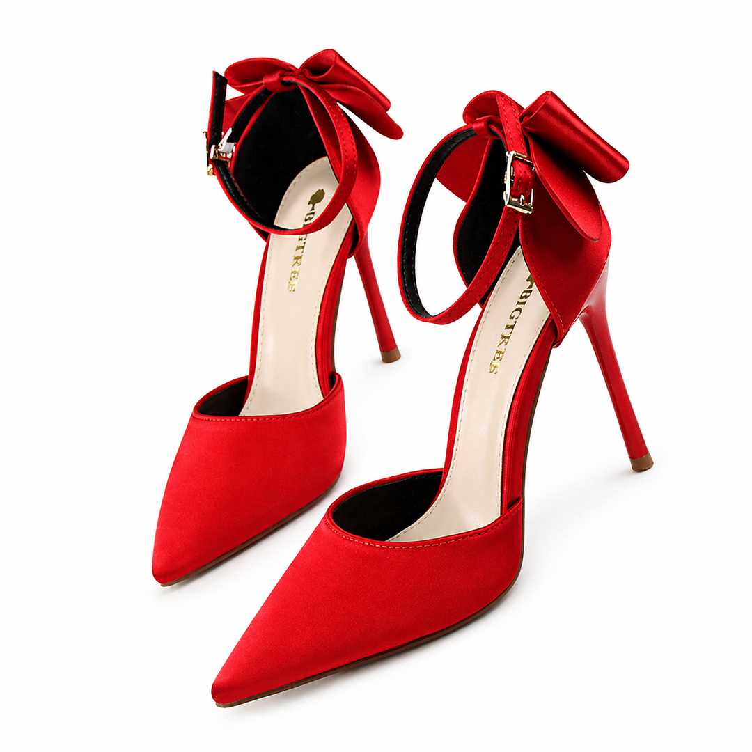 Fuchsia Satin Pointed-Toe Heels with Ankle Strap Bow – ROSÉVA