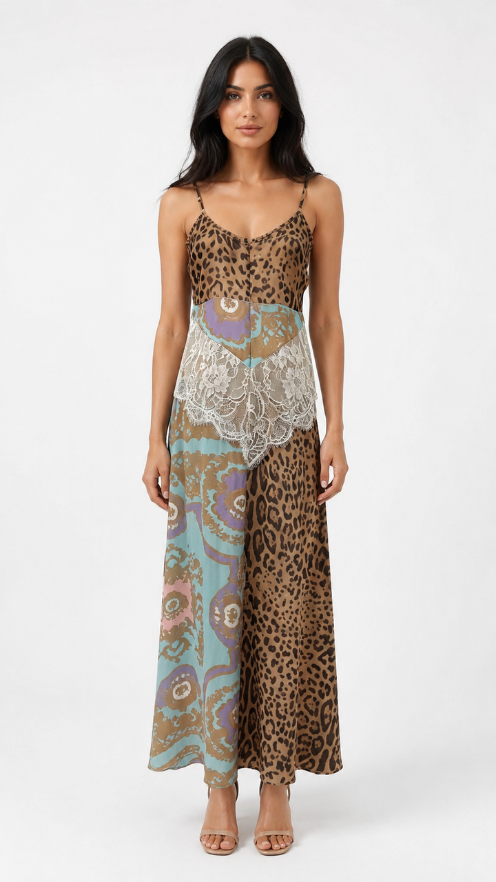 Mixed Print Lace Panel Maxi Dress - Bohemian