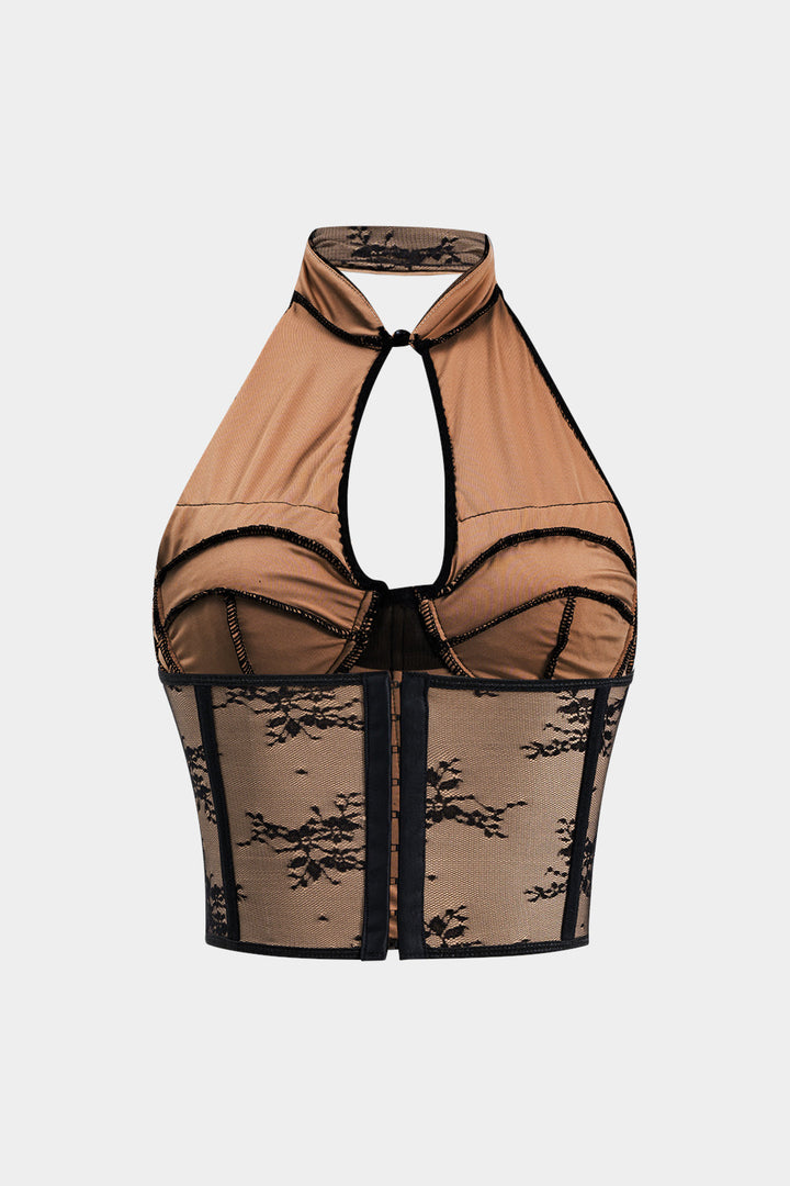 Lace Bead Cut Out Backless Bustier Corset Tank Top