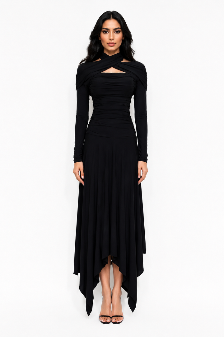 Twist Neck Asymmetrical Maxi Dress - Noir