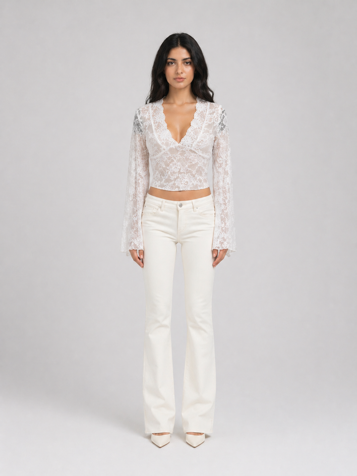 White Lace V-Neck Crop Top – LUMIÉRA