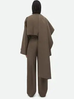 asymmetric layered tailored set with cape-style overlay – TAUPE
