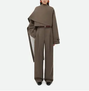 asymmetric layered tailored set with cape-style overlay – TAUPE