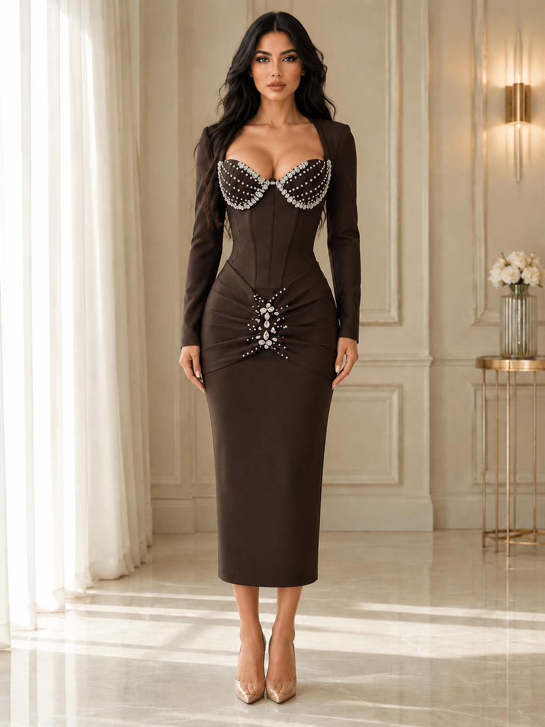 Crystal Corset Ruched Midi Dress - Desire