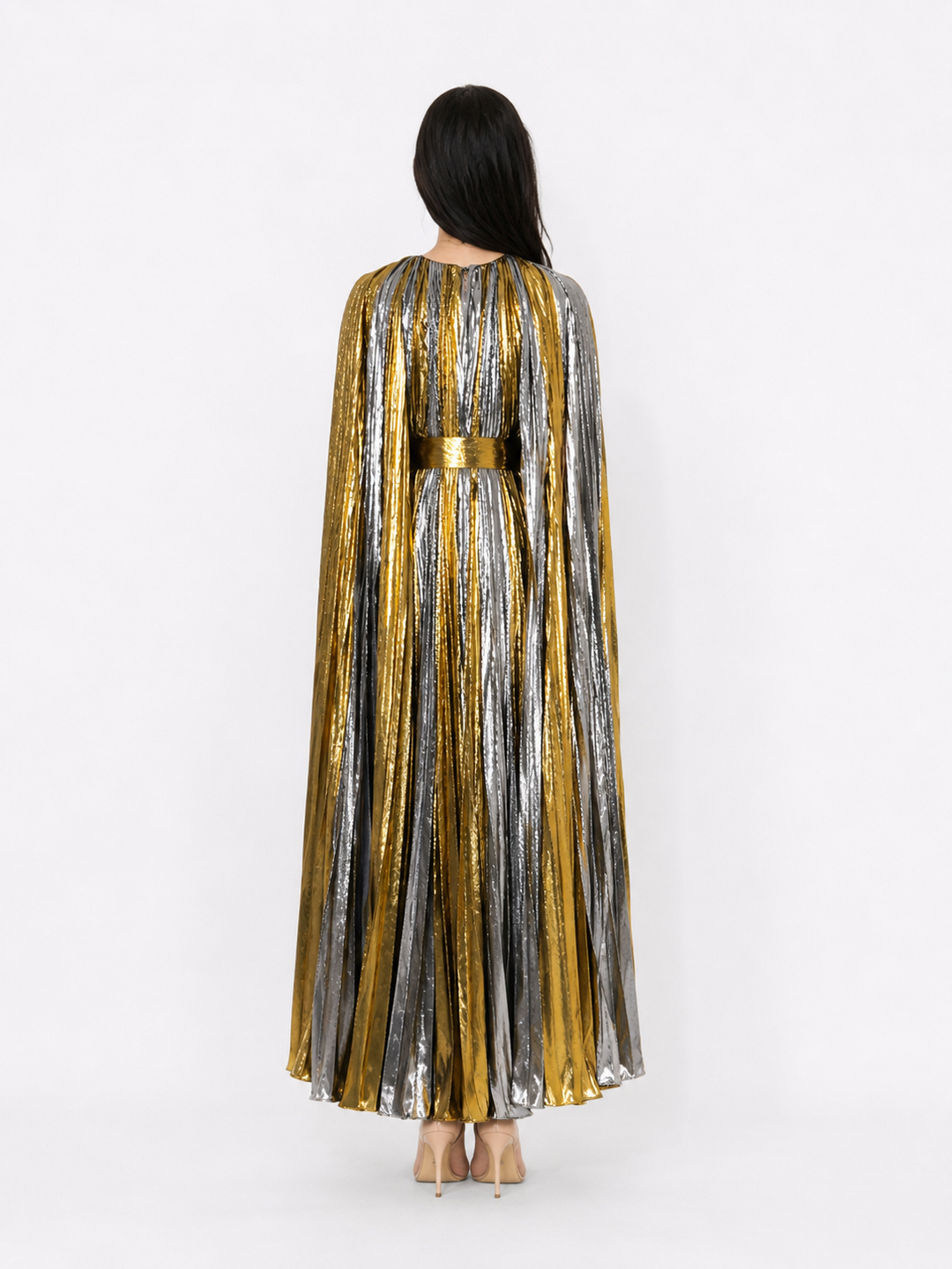 Luxury Metallic Pleated Cape Dress - Elegant