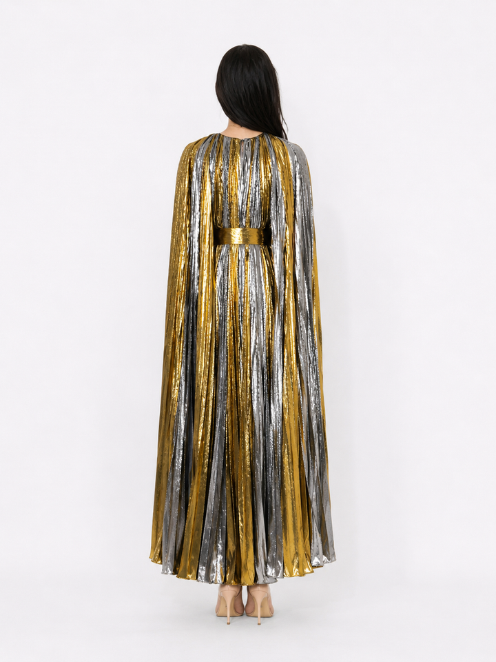 Luxury Metallic Pleated Cape Dress - Elegant