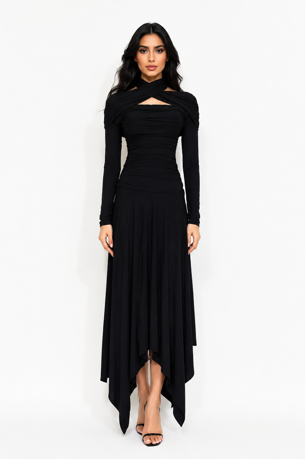 Twist Neck Asymmetrical Maxi Dress - Noir
