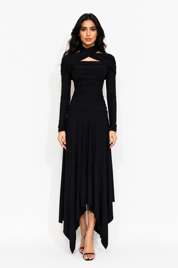 Twist Neck Asymmetrical Maxi Dress - Noir