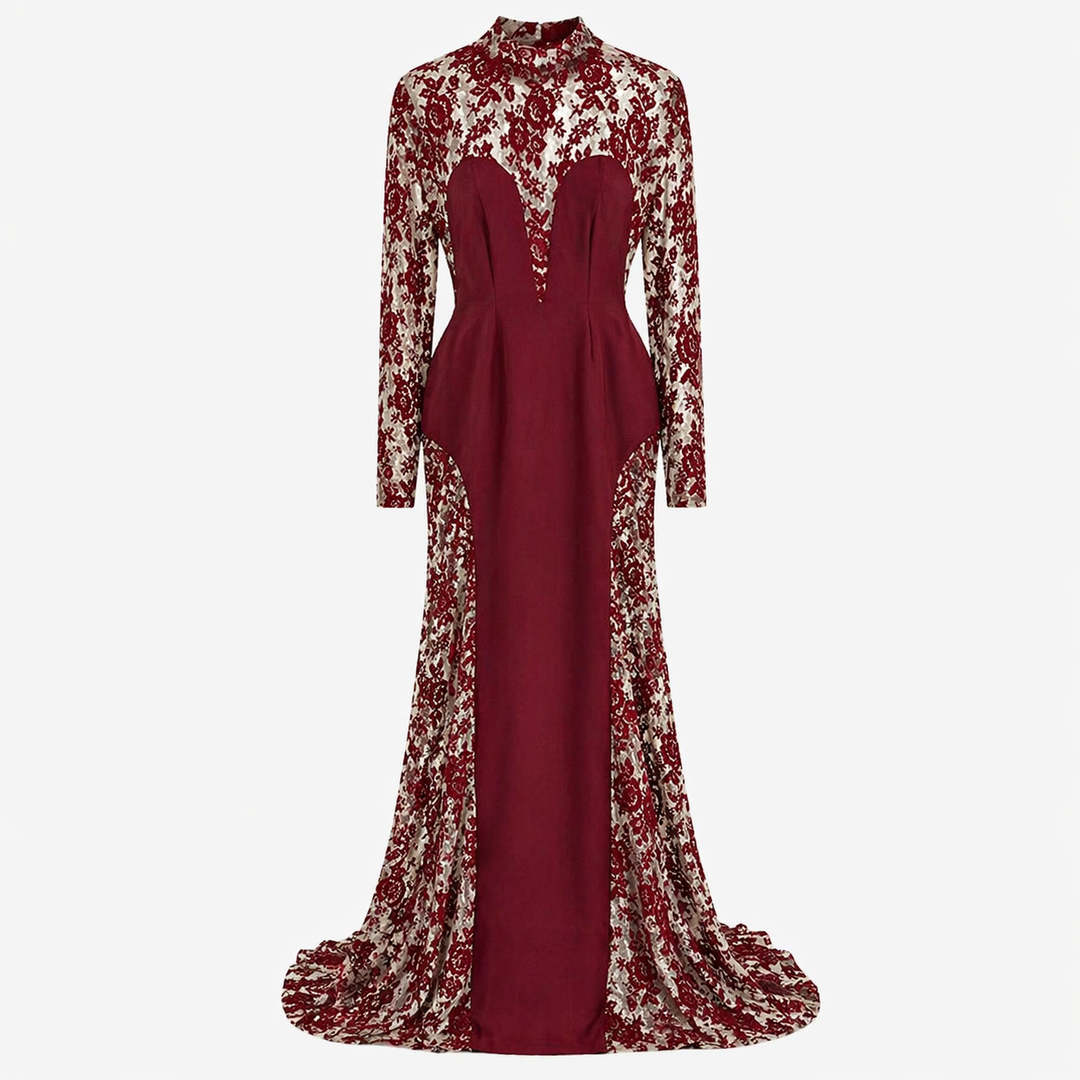 Red Lace Panel Mermaid Maxi Dress with High Neck - VELVORA