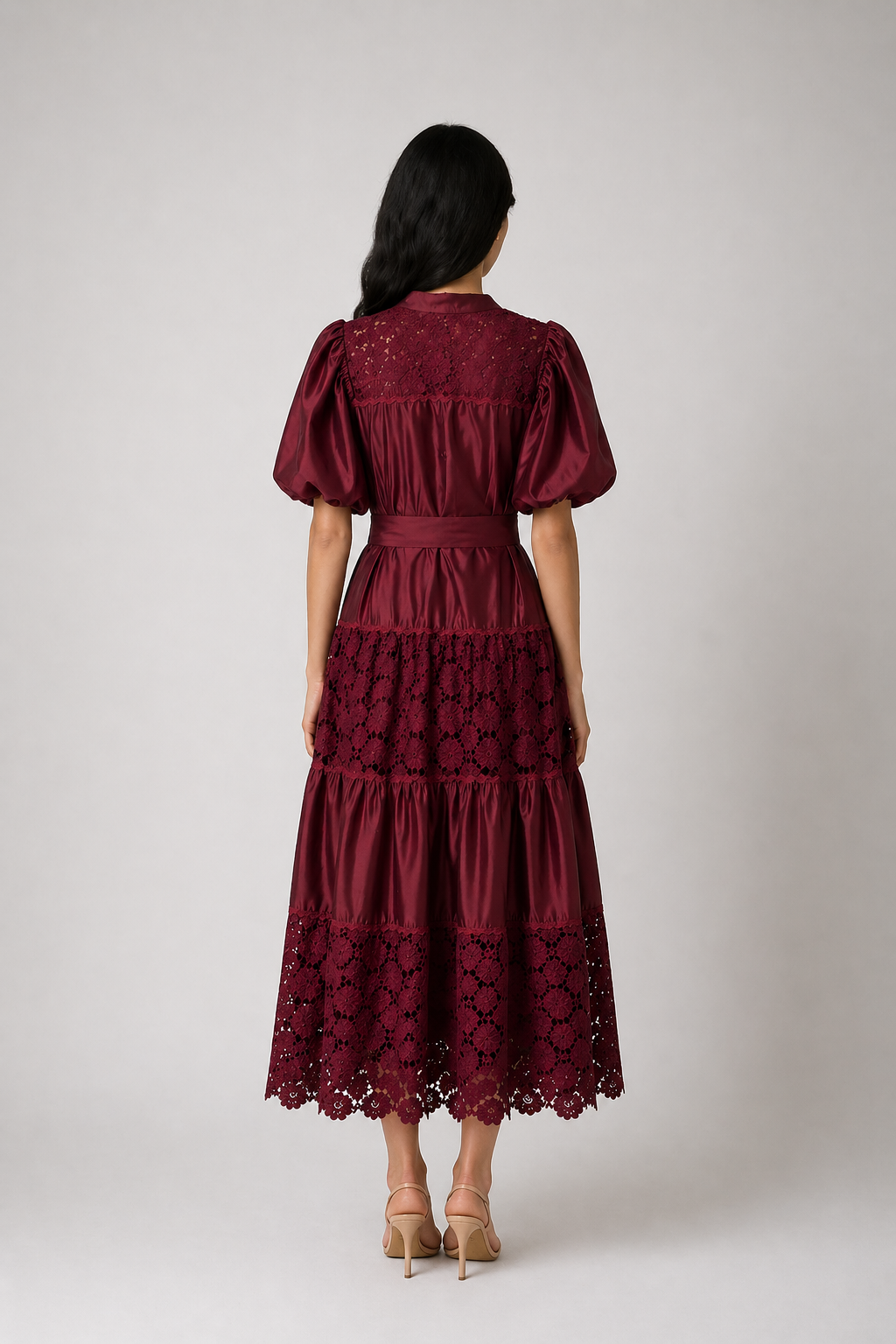 Burgundy Lace Panel Midi Dress - ROSÉVA