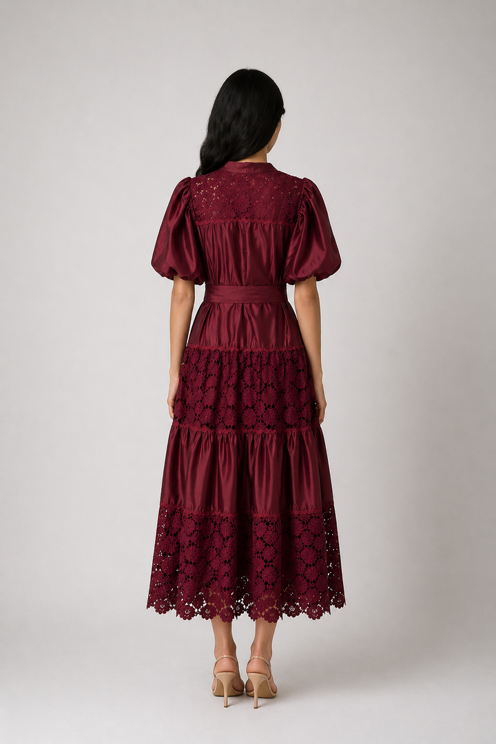 Burgundy Lace Panel Midi Dress - ROSÉVA