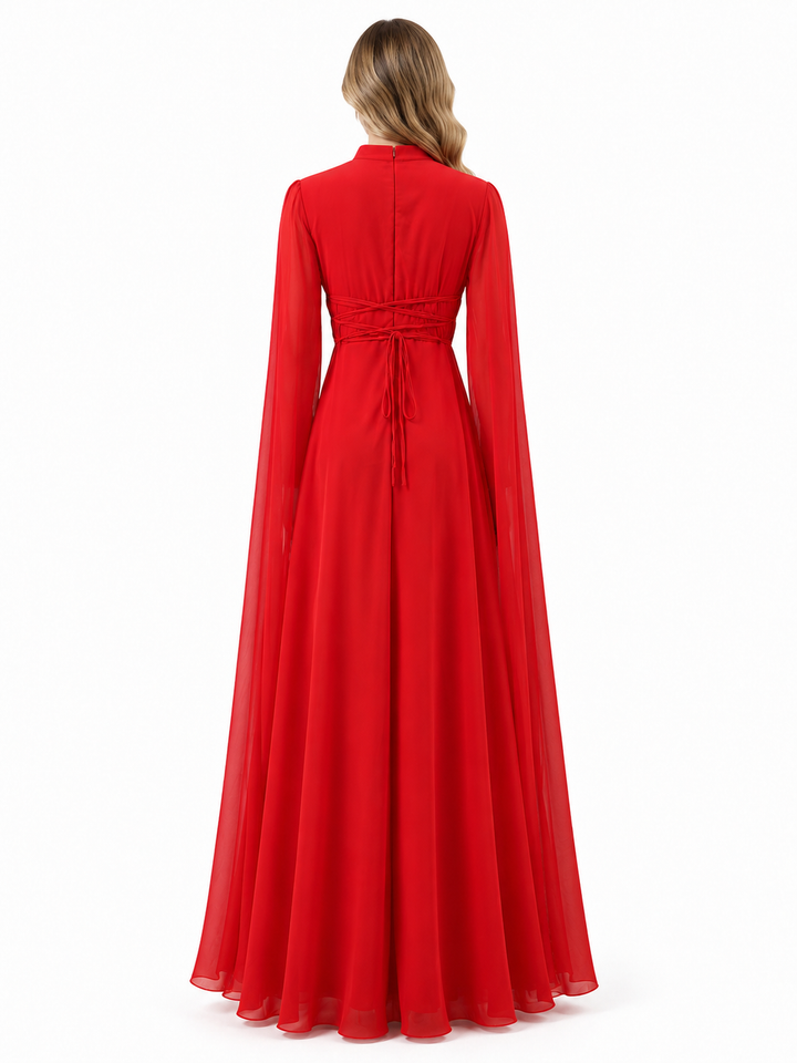 Elegant Red Chiffon Maxi Evening Dress - Glamour