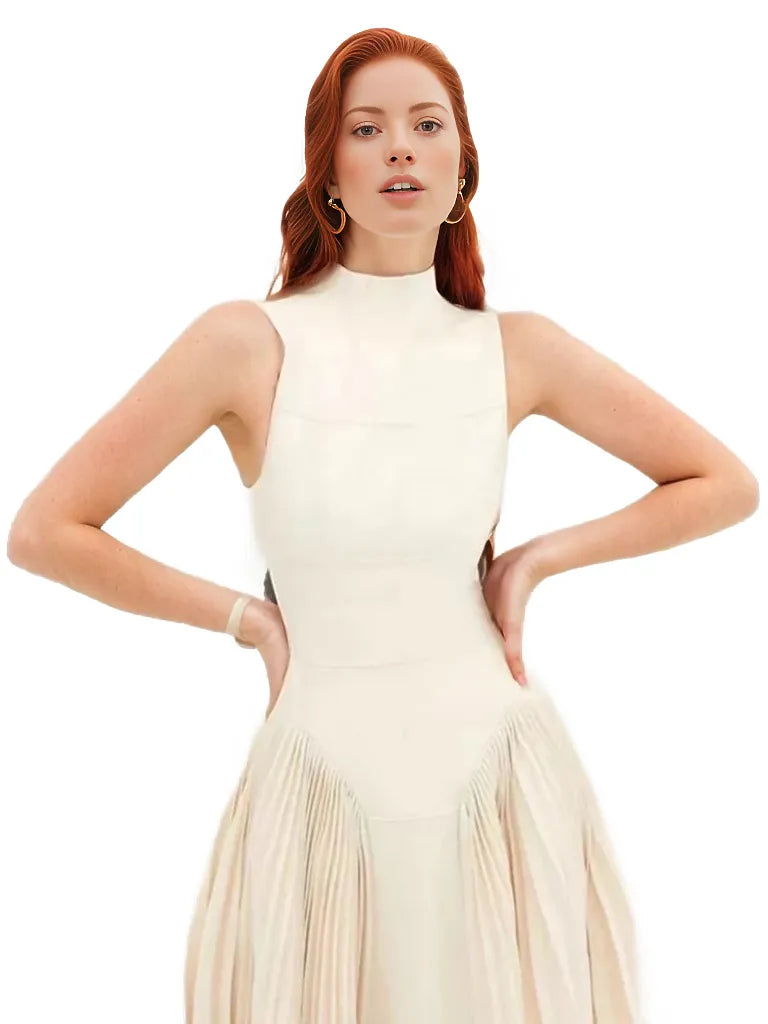 Sleeveless high-neck midi dress with pleated skirt – Jolian