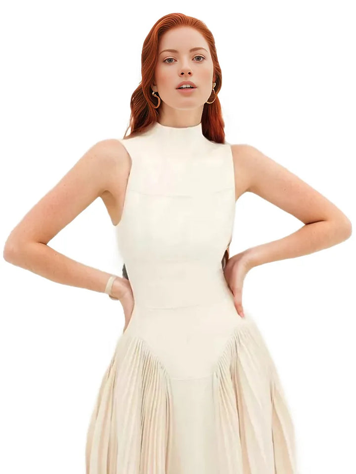Sleeveless high-neck midi dress with pleated skirt – Jolian