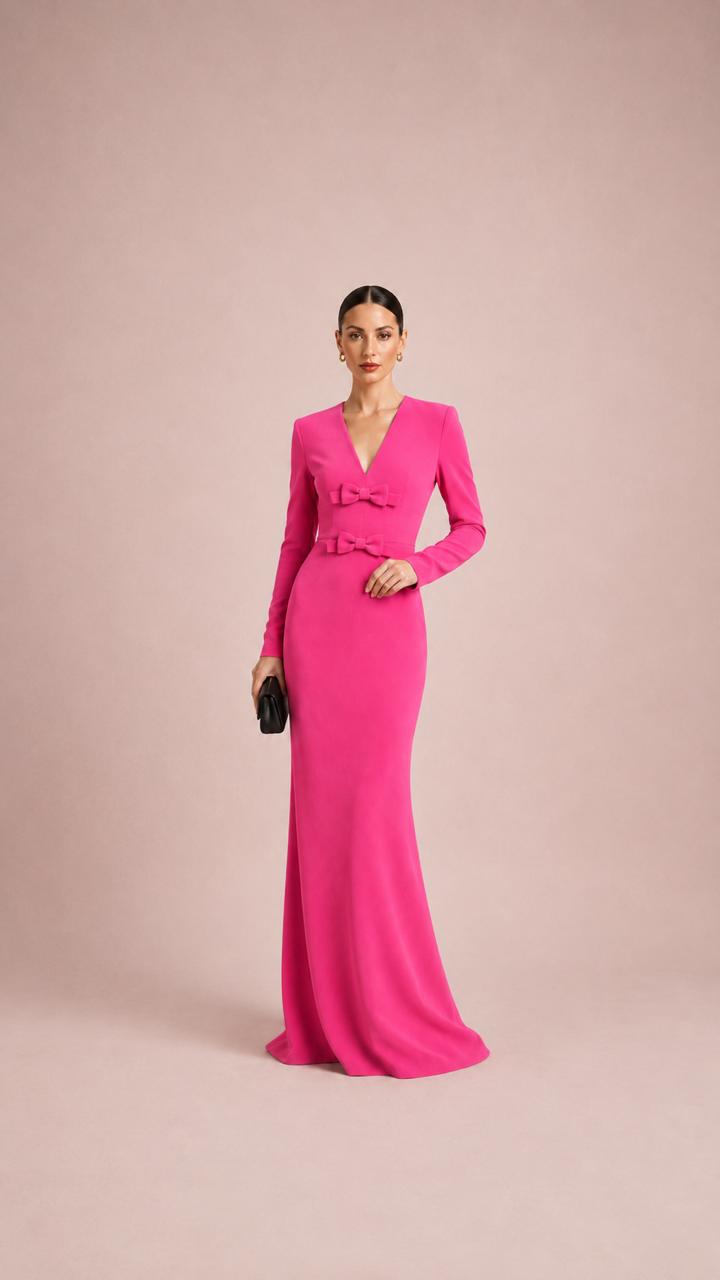 Fuchsia Bow-Detail Long Sleeve Gown – ROSELLA