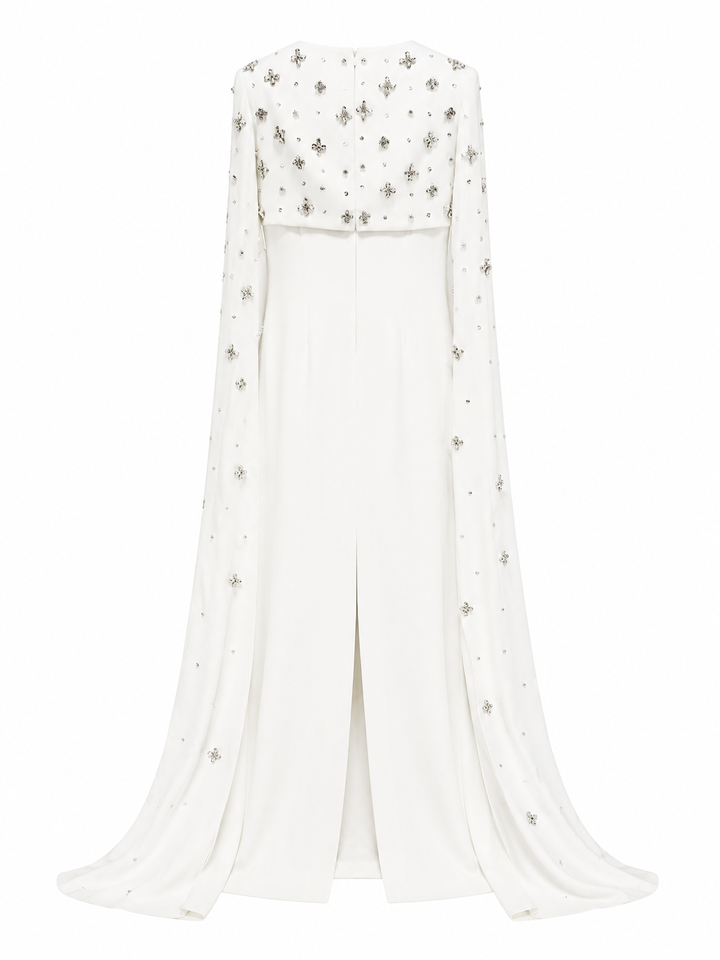 White Crystal-Embellished Cape Gown – Celeste