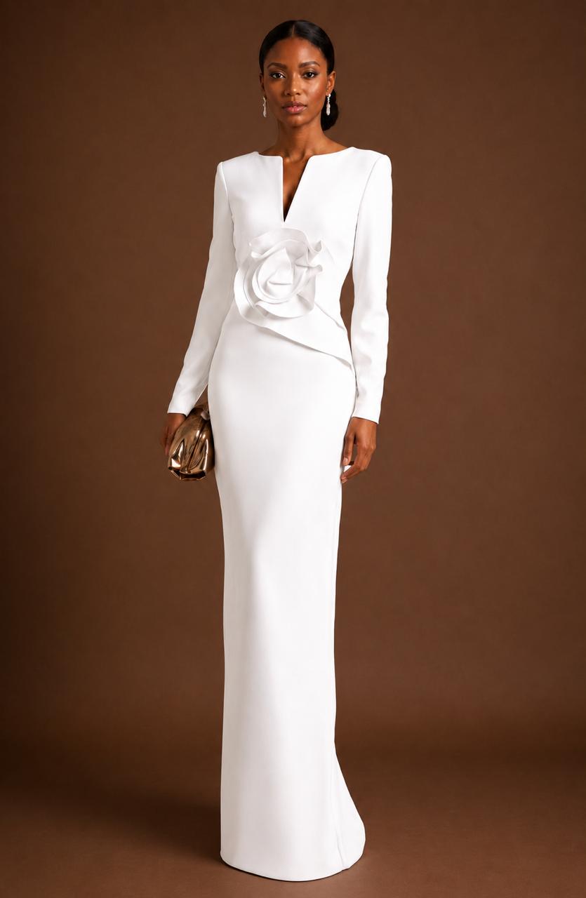 White Floral-Appliqué Long Sleeve Gown – Opaline