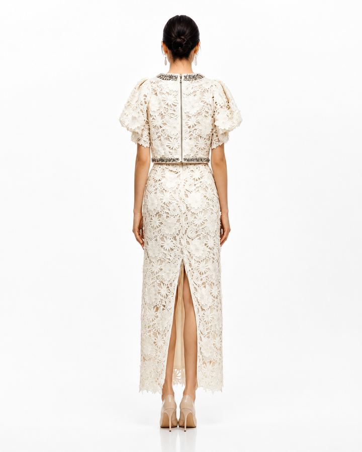 Embellished Lace Cape Sleeve Maxi Dress - Elegant