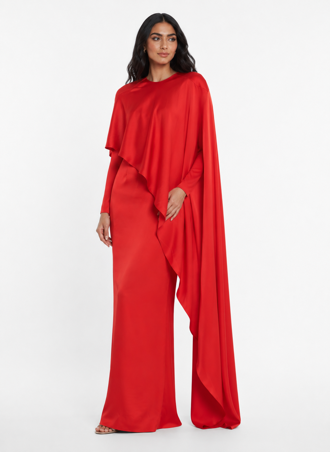 Asymmetric Draped Maxi Dress – Crimson