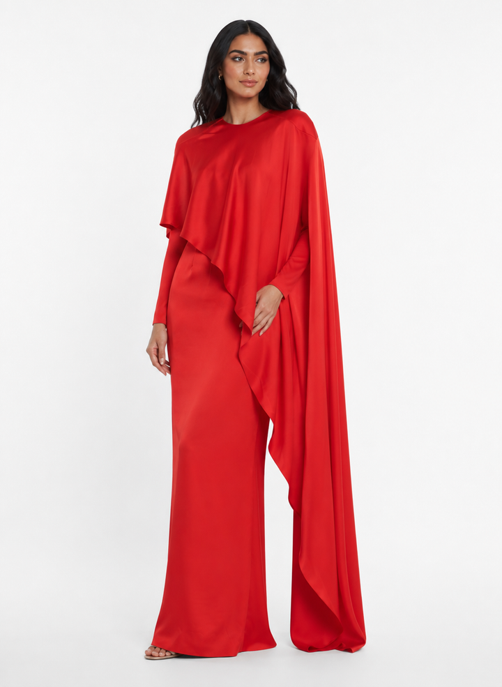 Asymmetric Draped Maxi Dress – Crimson