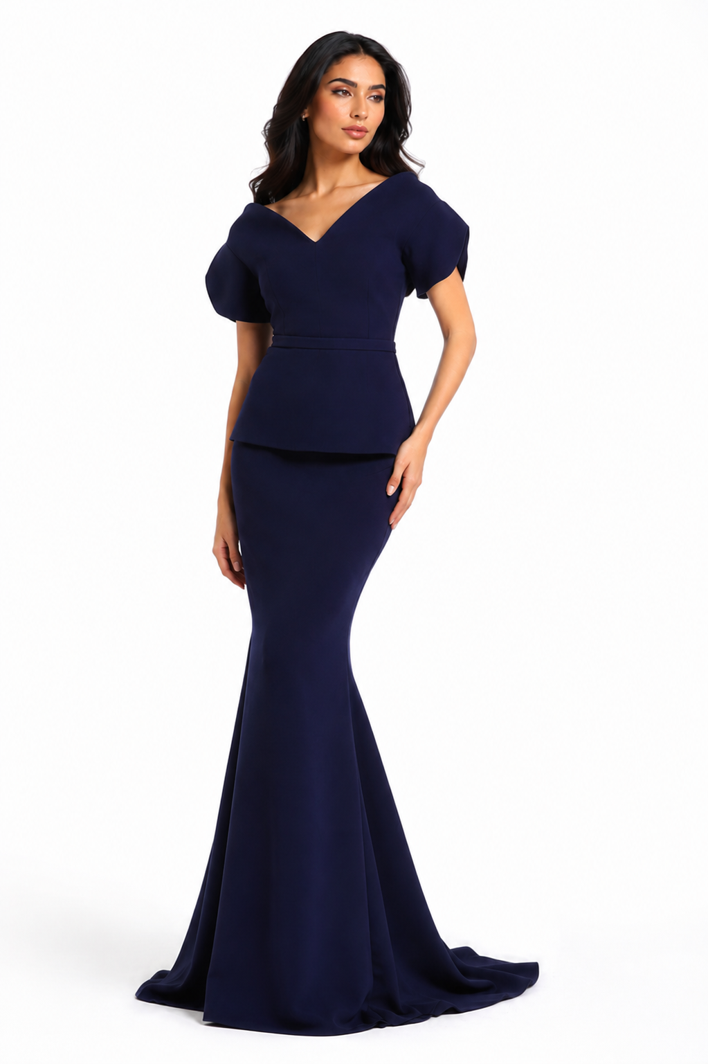 Puff-Sleeve Peplum Mermaid Gown – Midnight