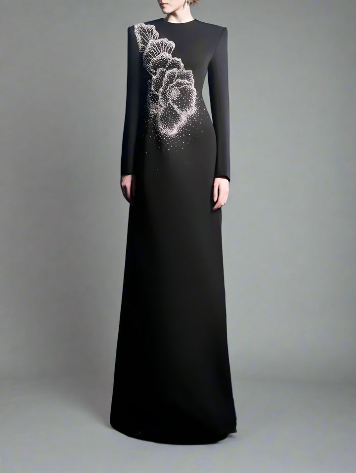 Long-Sleeve A-line Dress with Beaded Floral Accents - BLOSSOM