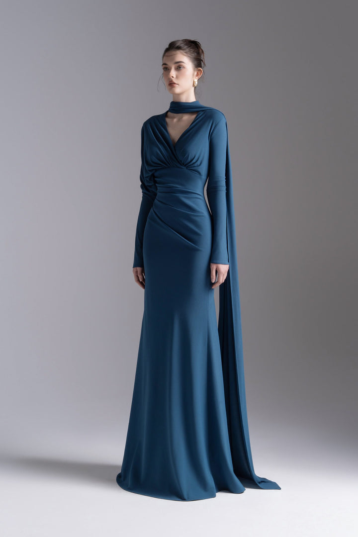 Draped V-neck gown with scarf detail – AURELIA