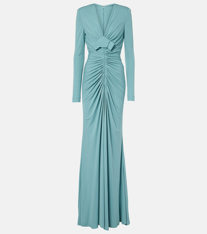 long-sleeve ruched gown with bow detail – ALIINA