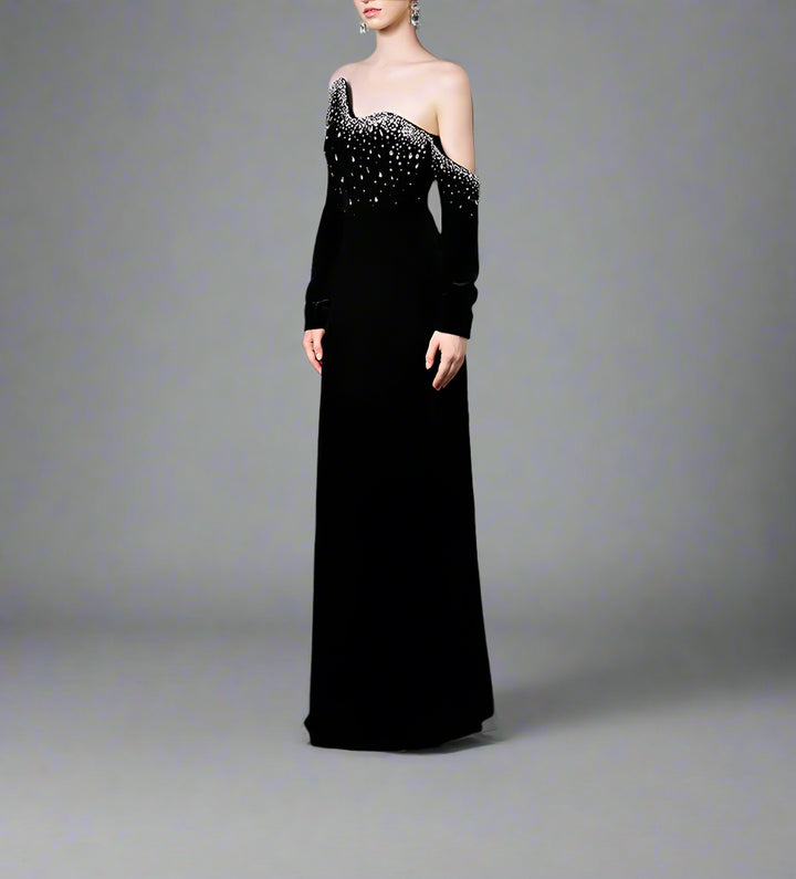 Long-Sleeve Column Dress with Crystal Embellishments - Marilyn