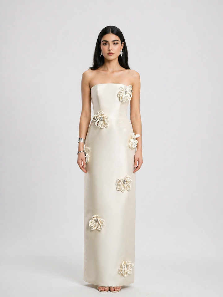 Ivory Strapless Evening Gown with 3D Floral Appliqué – ÉLARA