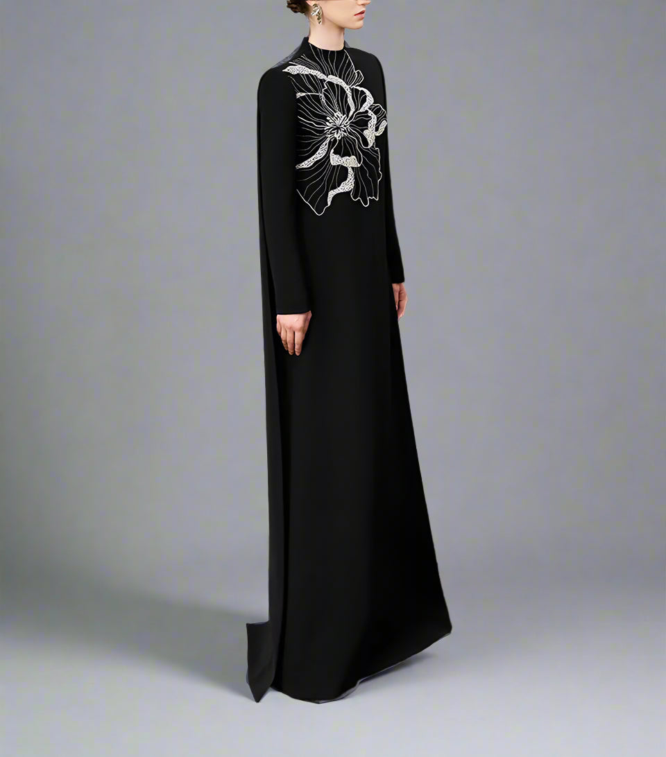 Long-sleeve flared dress with floral embellishment - BLOOM