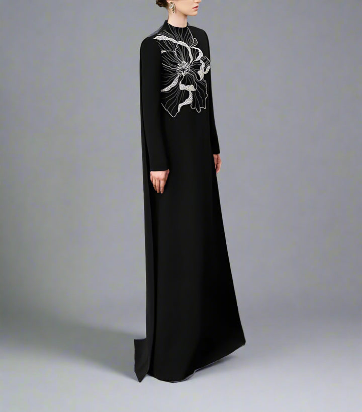 Long-sleeve flared dress with floral embellishment - BLOOM