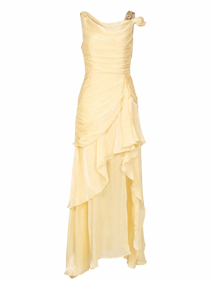 Asymmetrical Draped Chiffon Midi Dress - Buttercream
