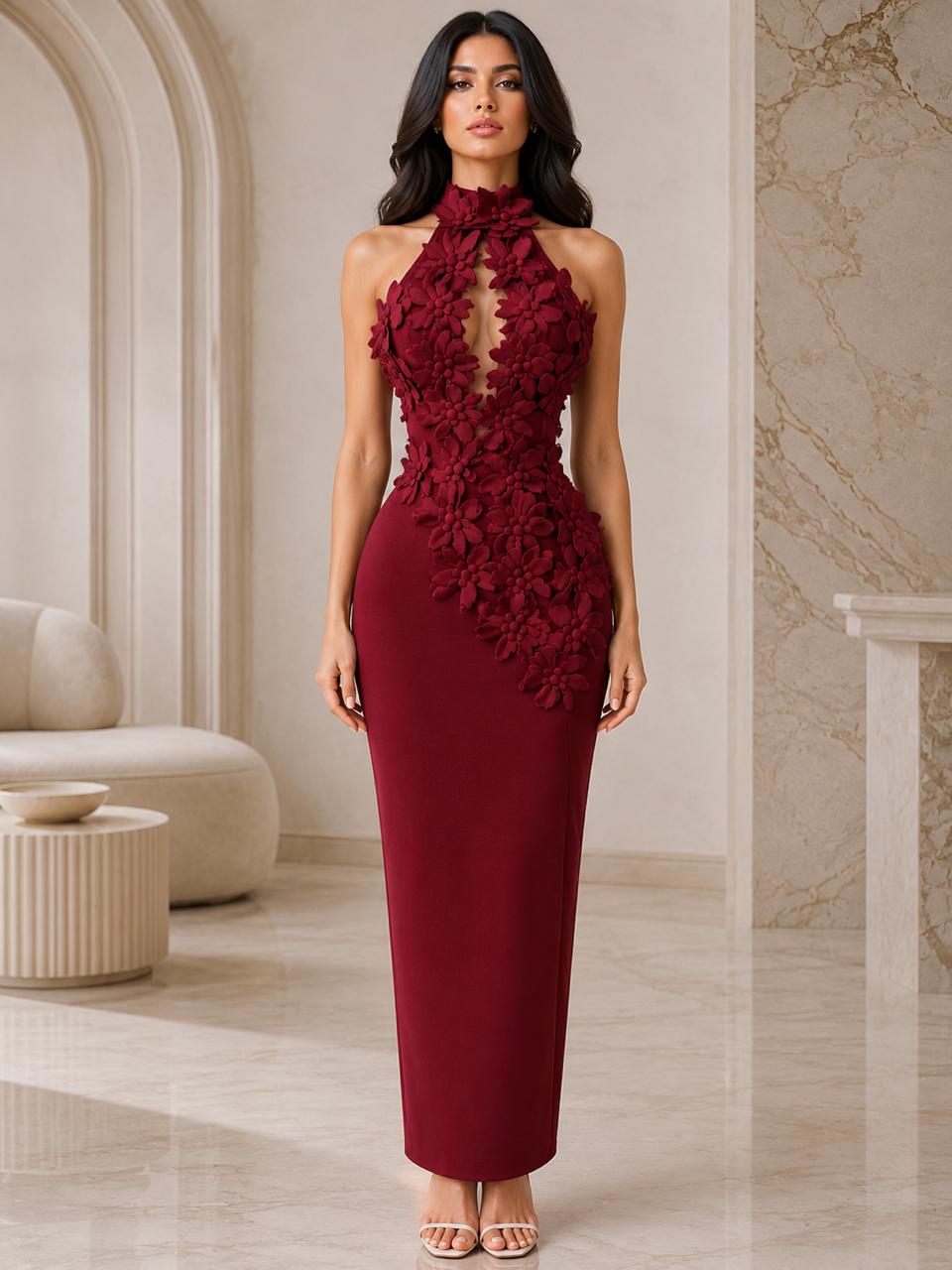 Floral Appliqué Halter Gown - Blossome