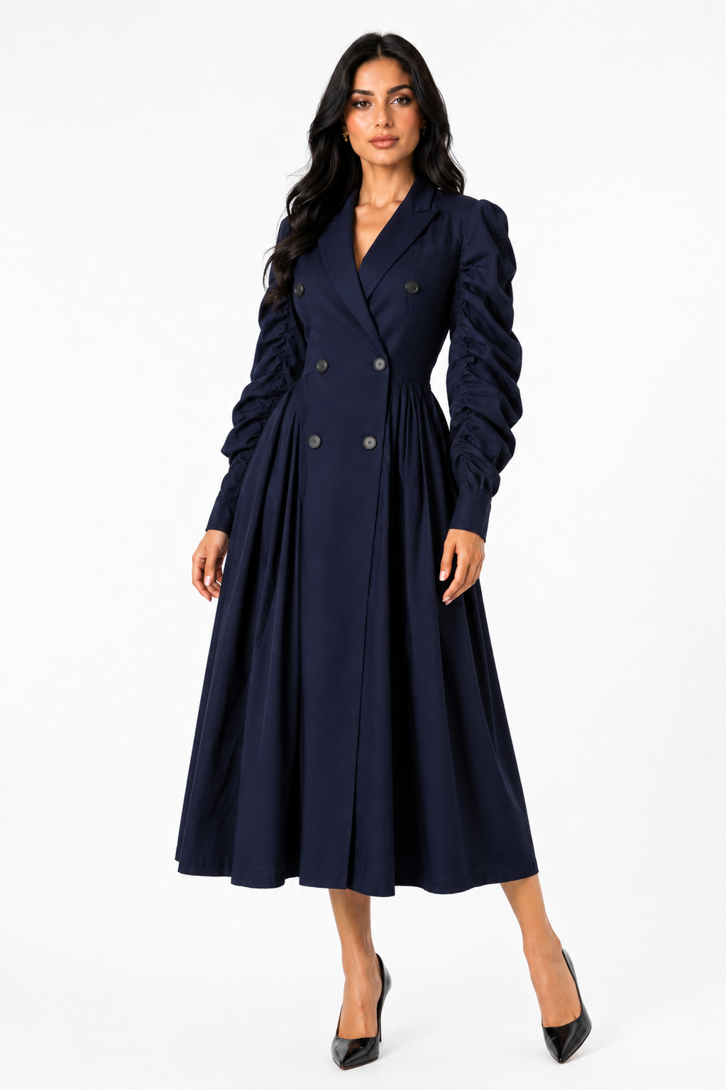 Tailored Double-Breasted Pleated Midi Coat Dress - Eclipse