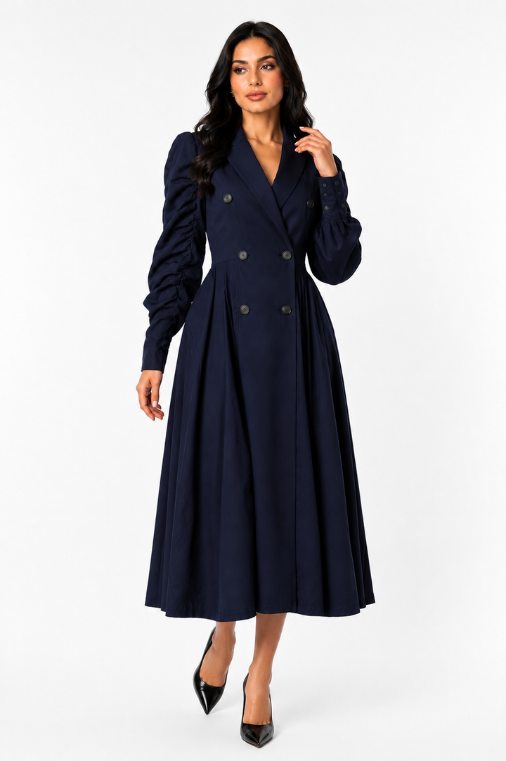 Tailored Double-Breasted Pleated Midi Coat Dress - Eclipse
