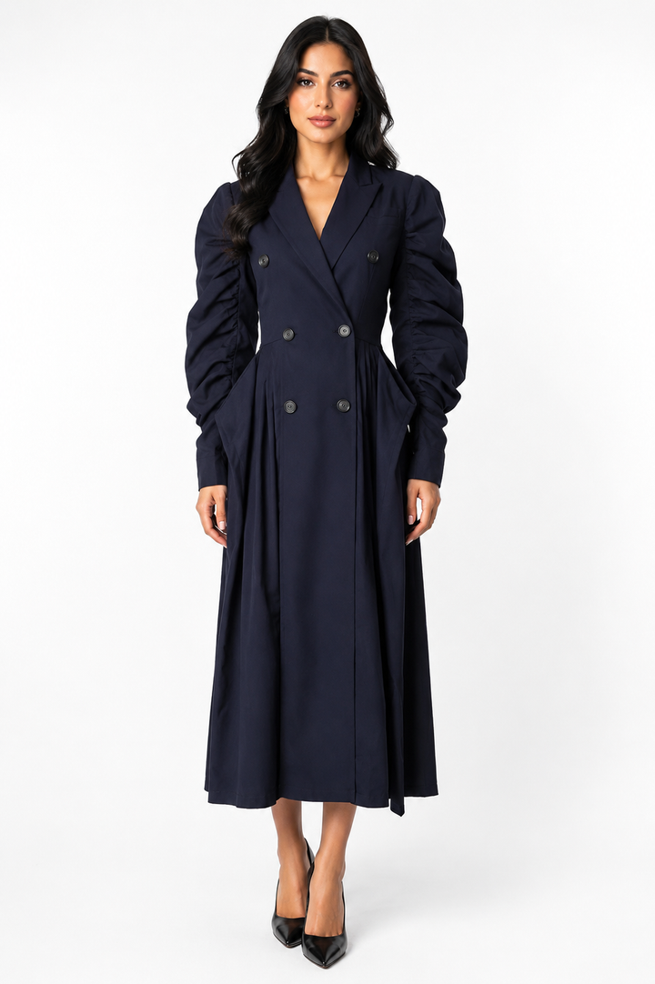 Tailored Double-Breasted Pleated Midi Coat Dress - Eclipse