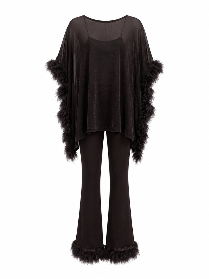 Feather Trim Three-Piece Evening Set — Noir