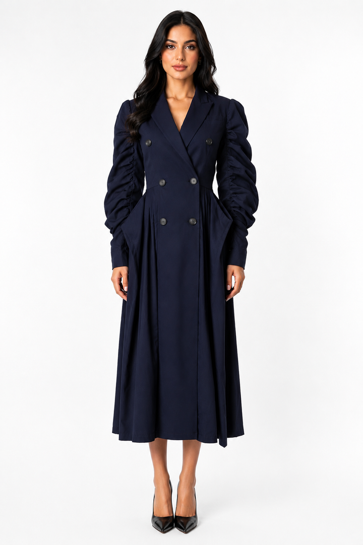 Tailored Double-Breasted Pleated Midi Coat Dress - Eclipse