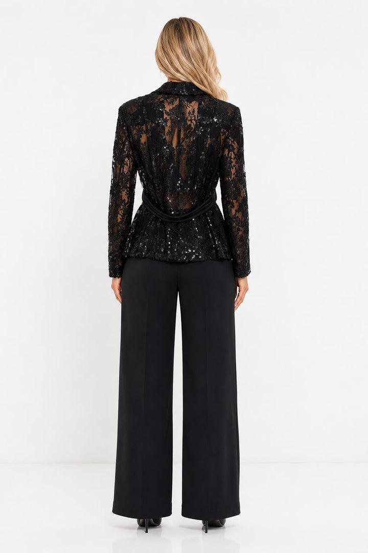 Sequin Lace Blazer & Wide-Leg Pants Set - Noir