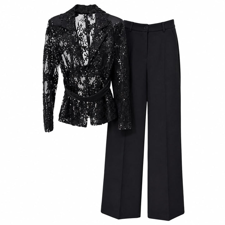 Sequin Lace Blazer & Wide-Leg Pants Set - Noir