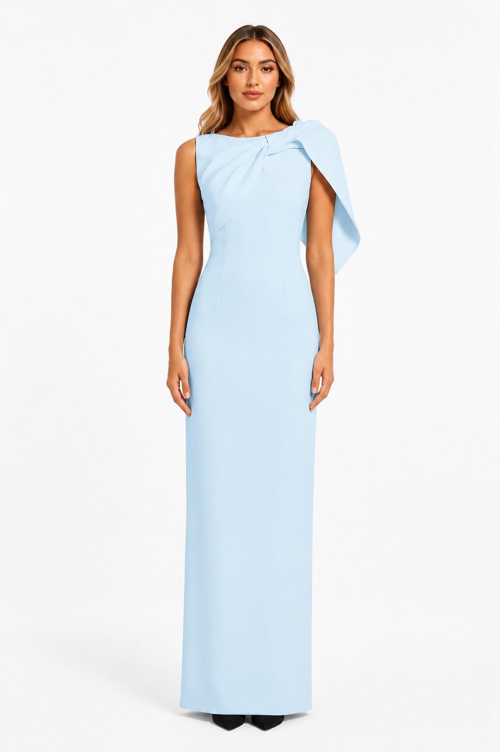 Sky Blue One-Shoulder Cape Gown - Azure