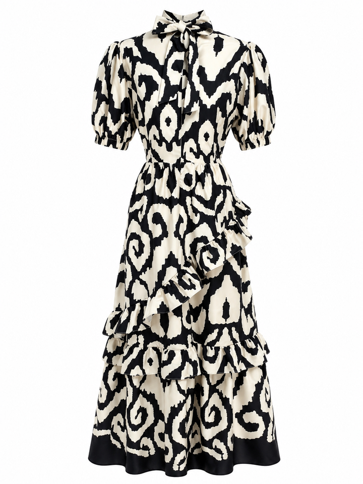 Midnight Ivory Abstract Print Ruffle Maxi Dress - Grace