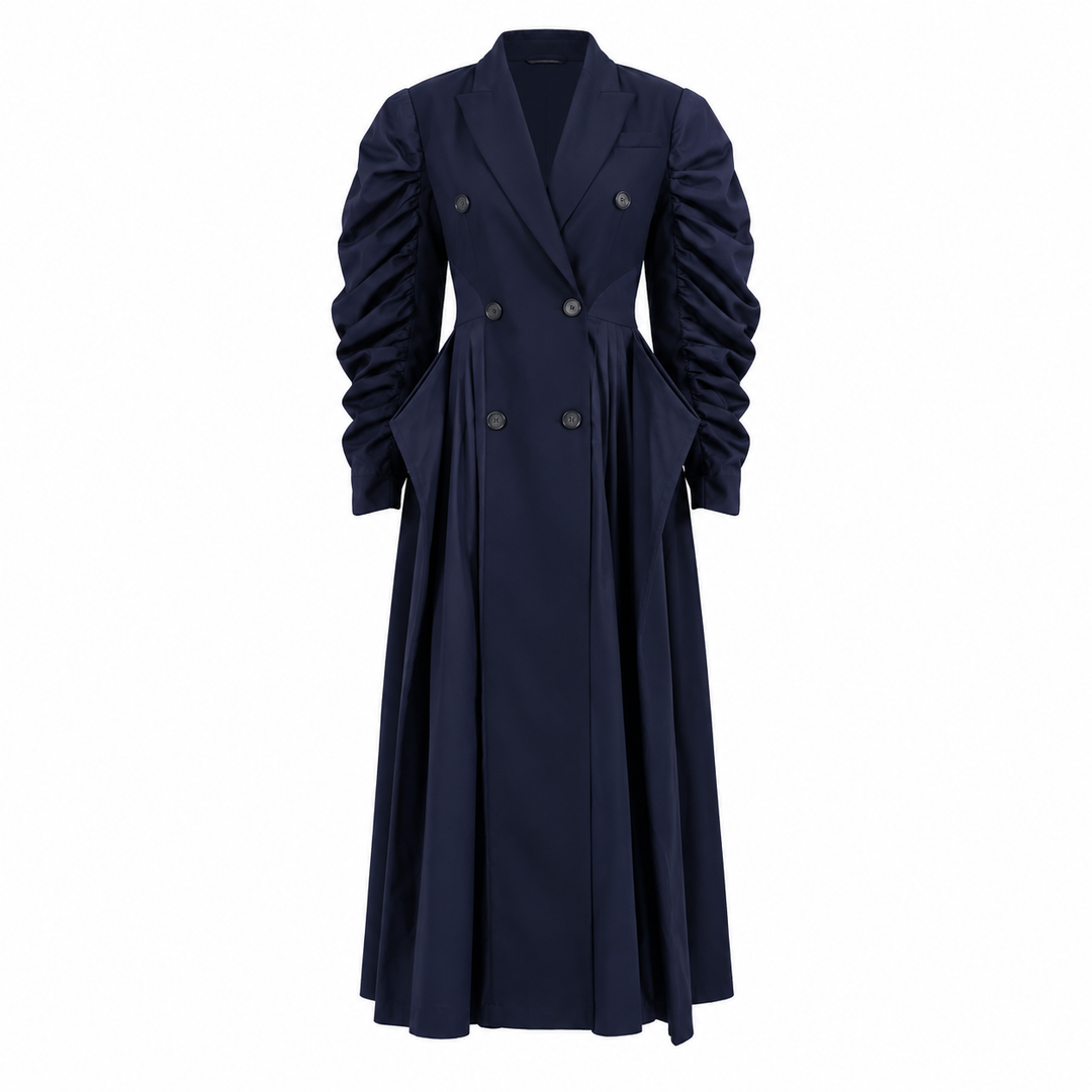 Tailored Double-Breasted Pleated Midi Coat Dress - Eclipse