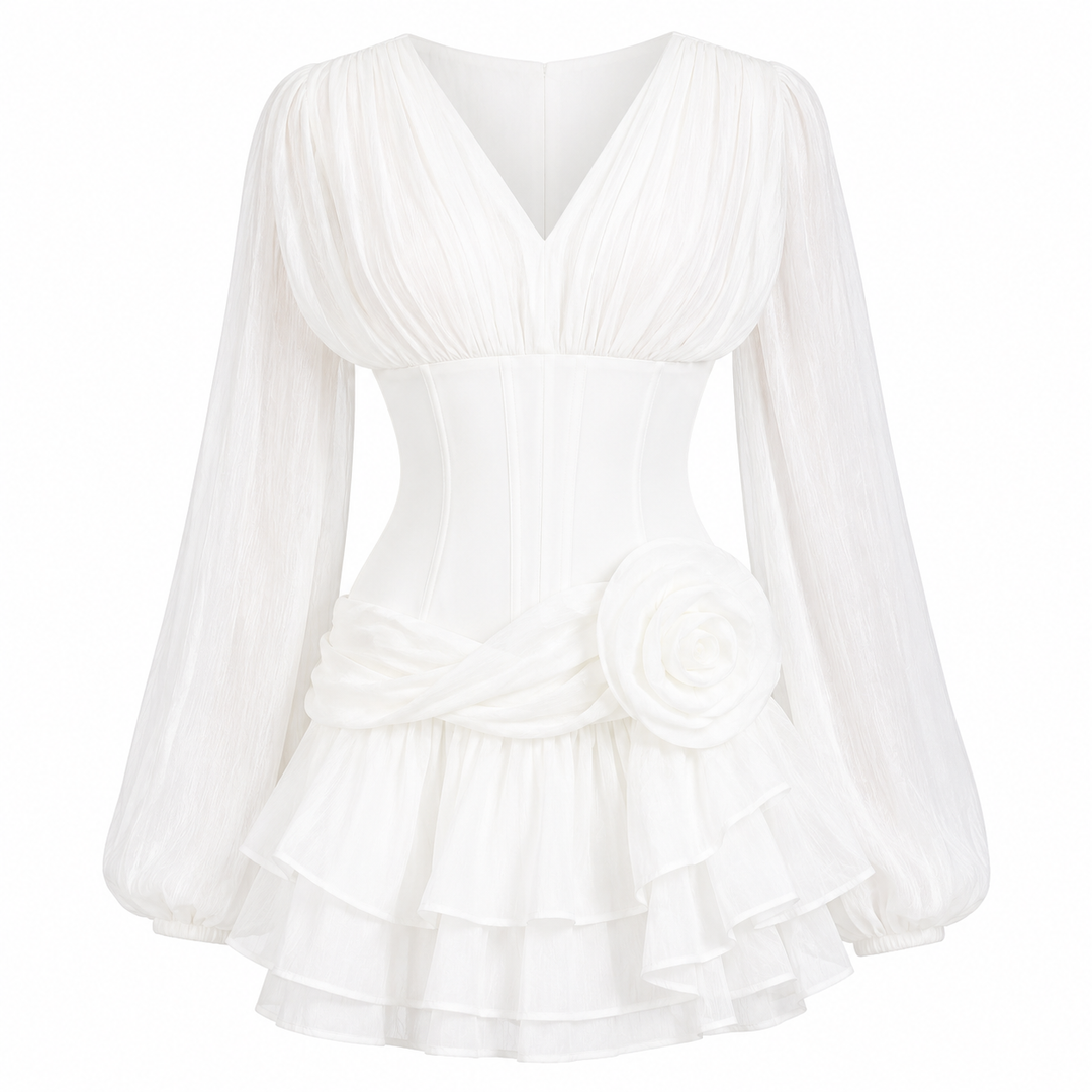 Pleated Ruffle Mini Dress - Pearl