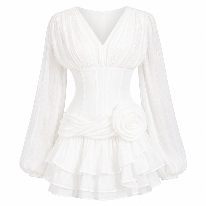 Pleated Ruffle Mini Dress - Pearl